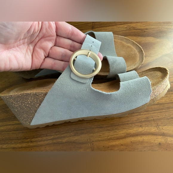 Yokono Sandals Women's 9 Blue Gray Leather Cork Wedge Buckle Made In Spain - Picture 1 of 9